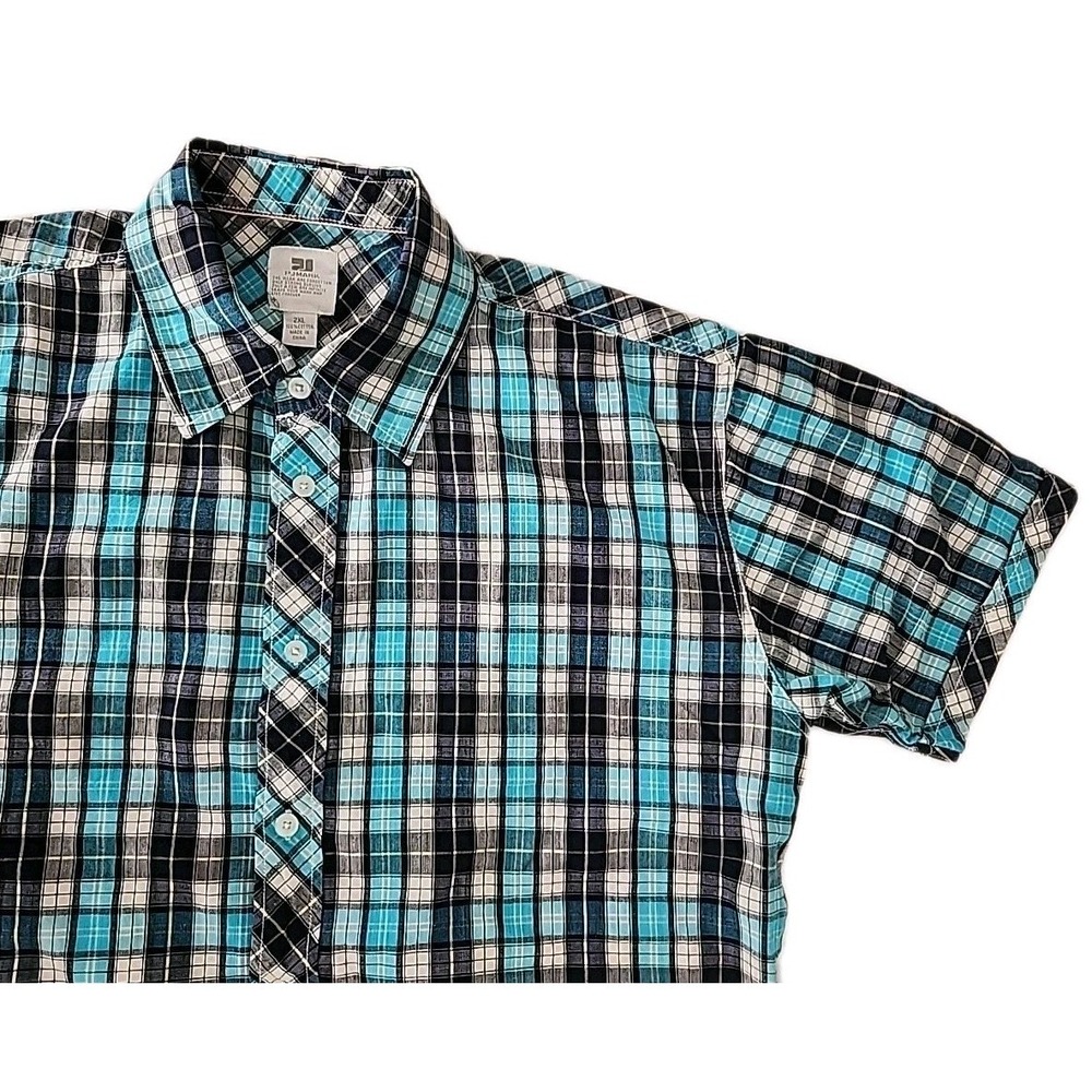 PJ Mark Men's 2XL 100% Cotton Teal, Blue& White Plaid Button Short Sleeve Shirt